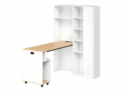 ModernLuxe Escritorio plegable 104.5x30.5x160 cm - con estantería - enchufes y puertos USB - Estantes ajustables - Con ruedas - +natural