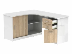 Escritorio rinconera NORWY 2 puertas y cajones Blanco,roble Escritorio Rinconero|Escritorio Tradicional