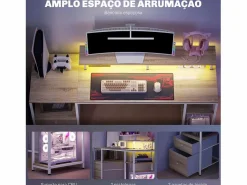 New Escritorio Rivera luz LED con soporte y 2 cajones natural 88,5x55,5x48 cm Mesa Gaming