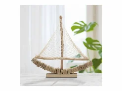 Escultura de velero en madera con red de tela 45x45x7cm Enok - Natural