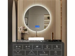 Clearance Espejo de baño antivaho sin marco con indicador de temperatura, 3 niveles de brillo, redondo, diámetro 100 cm Accesorios De Cuarto De Baño|Espejo De Cuarto De Baño