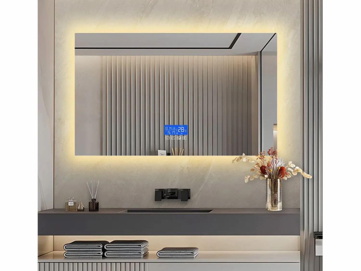Sale Espejo de baño con iluminación LED - 100 x 60 cm - 3 colores de luz - con indicador de temperatura Blanco