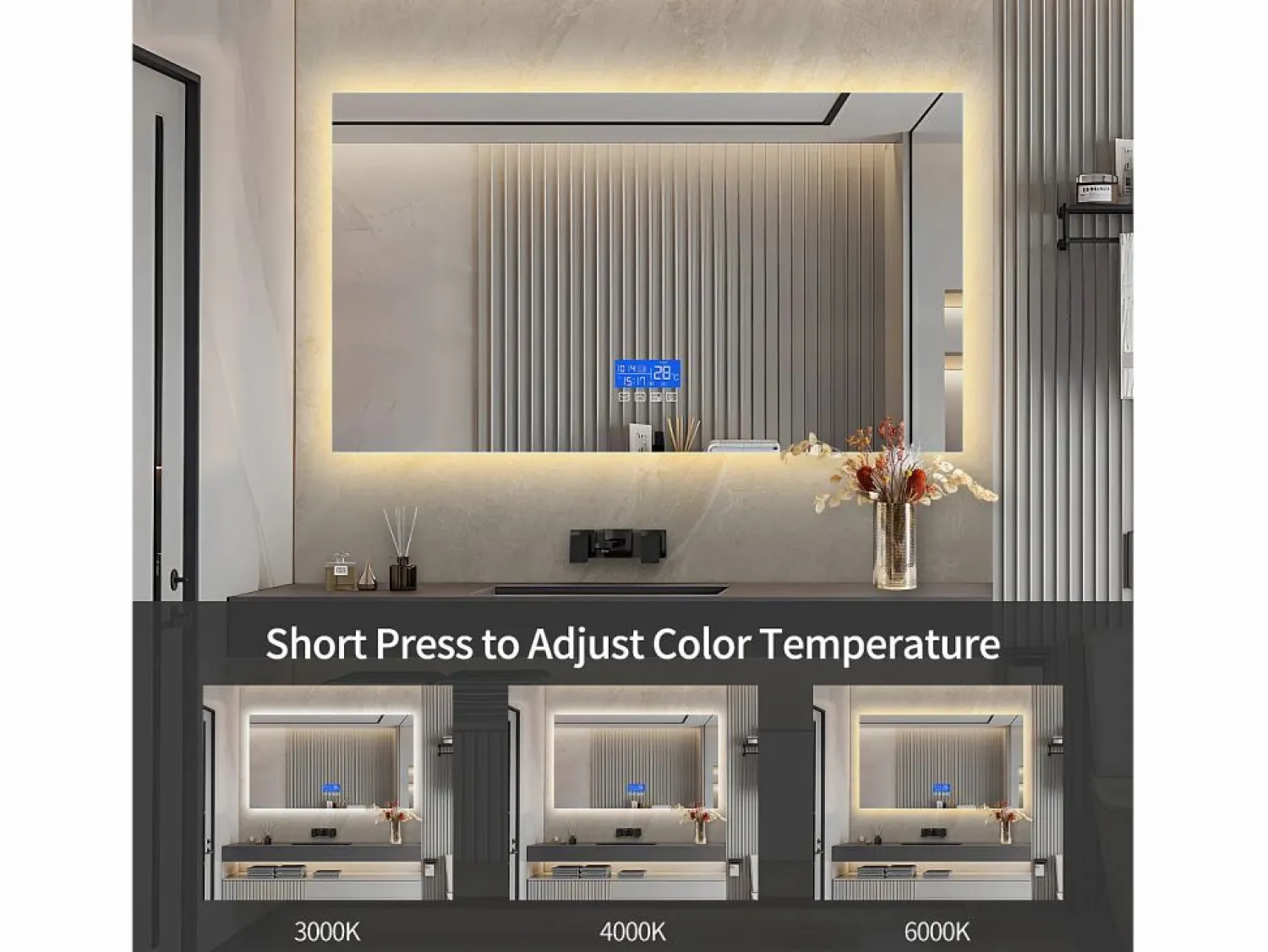 Sale Espejo de baño con iluminación LED - 100 x 60 cm - 3 colores de luz - con indicador de temperatura Blanco
