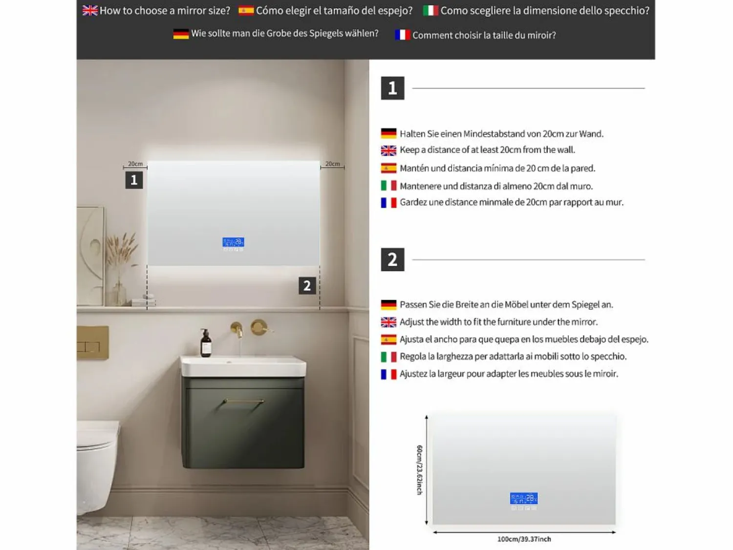 Sale Espejo de baño con iluminación LED - 100 x 60 cm - 3 colores de luz - con indicador de temperatura Blanco