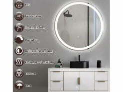 New NETTLIFE Espejo de baño iluminado - Redondo 80 cm LED, IP44, interruptor táctil, antivaho, ajustable 3000K-6500K Transparente