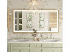 New Fativo Espejo de baño LED rectangular 120x60cm espejo iluminado 3 colores ajustable con marco 120x60x4cm Dorado