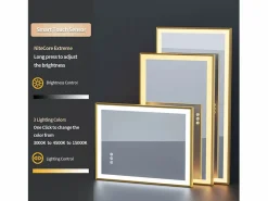 New Fativo Espejo de baño LED rectangular 120x60cm espejo iluminado 3 colores ajustable con marco 120x60x4cm Dorado