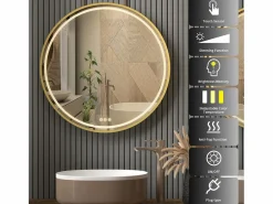 Fativo Espejo de baño LED redondo 80cm iluminación con 3 colores ajustables antivaho 80x80cm Dorado
