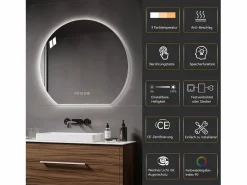 Hauss Spole Espejo de baño LED redondo, 80 cm, color plata con función antivaho - Cristal y metal