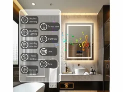 Fativo Espejo de baño rectangular iluminado con LED regulable y 4 botones táctiles - antivaho - 90x70cm