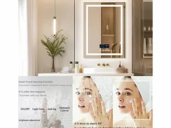 Fativo Espejo de baño rectangular iluminado con LED regulable y 4 botones táctiles - antivaho - 80x60cm
