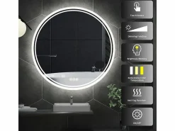 Clearance Espejo de baño redondo LED antivaho de pared con 3 colores ajustables, 80 x 80 cm Accesorios De Cuarto De Baño|Espejo De Cuarto De Baño