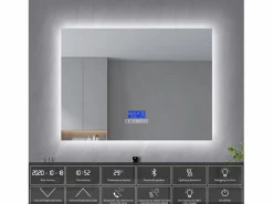 Espejo de baño, 100x80cm, espejo LED con altavoz Bluetooth, iluminación ajustable, función antivaho, indicador de temperatura