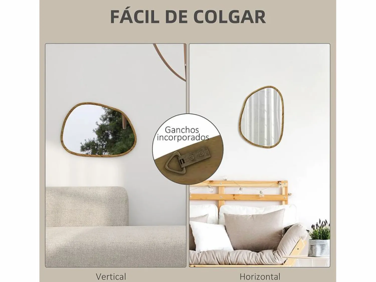 Discount Espejo Kendra forma irregular marco madera natural 50x70x2,1 cm Espejo De Pared|Espejo