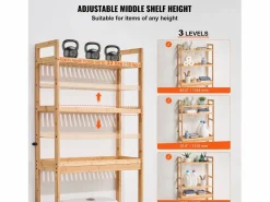 Estante Wc Meuble SucceBuy Estante de Almacenamiento a 3 Niveaux para Baños, Organizador ajustable en Bambú con 3 Ganchos, Autónomo