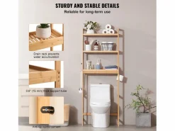Estante Wc Meuble SucceBuy Estante de Almacenamiento a 3 Niveaux para Baños, Organizador ajustable en Bambú con 3 Ganchos, Autónomo