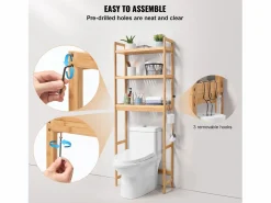 Estante Wc Meuble SucceBuy Estante de Almacenamiento a 3 Niveaux para Baños, Organizador ajustable en Bambú con 3 Ganchos, Autónomo