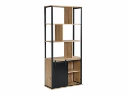 New Estantería con espacio de almacenamiento y 1 puerta corredera de MDF - Natural y Negro - YALENA Librería