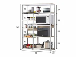 New Estantería de Cocina, Estantería para Microondas, Estante Abierto de Pie 2 Mallas metálicas y múltiples Estantes 80x30x142cm, Color y Madera Blanco