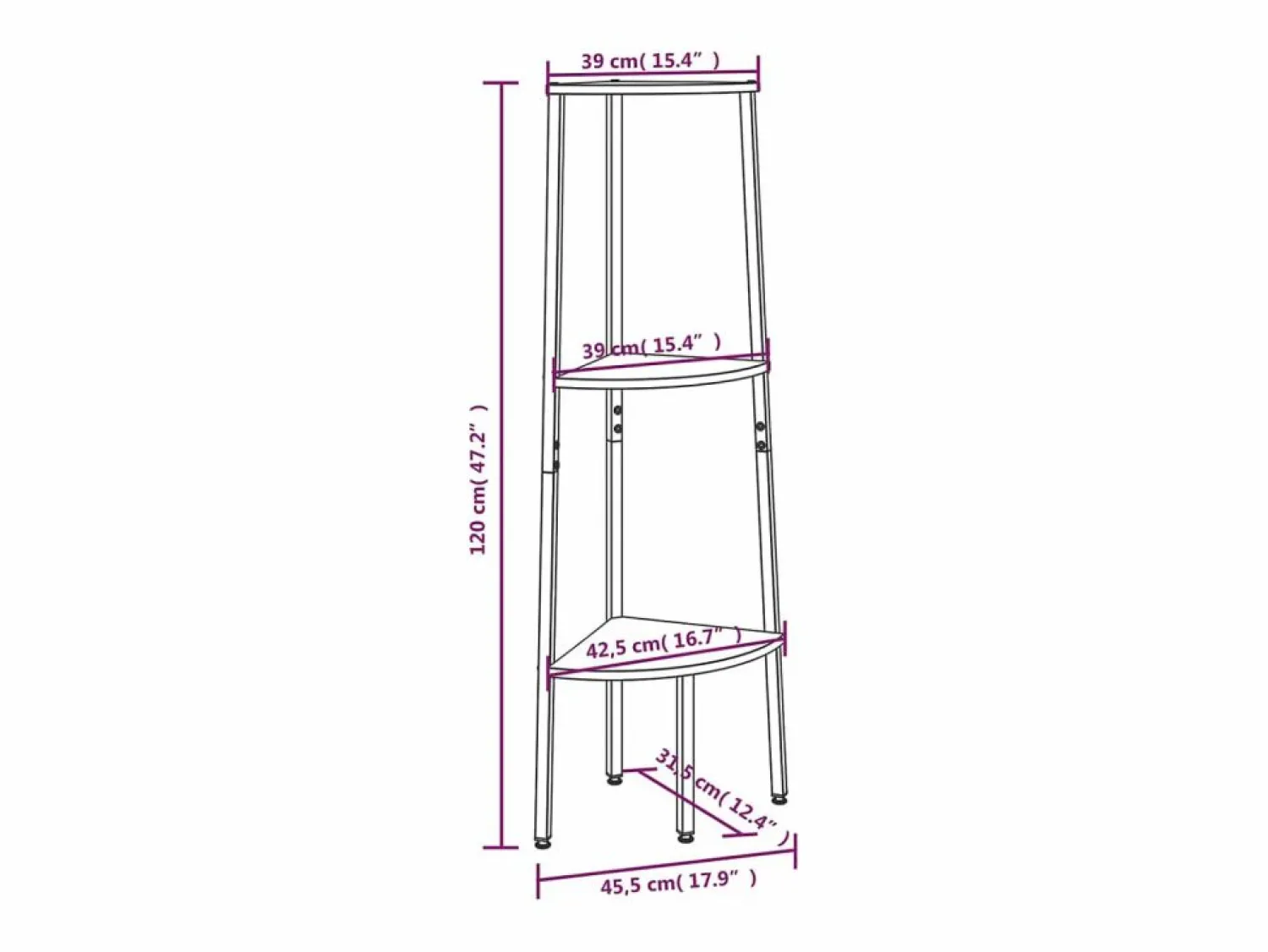 Clicnbuy Estantería de esquina de 3 niveles negra 45,5x31,5x120 cm