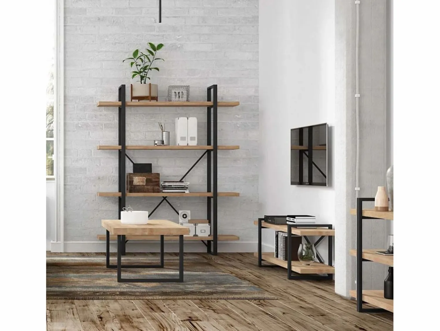 Hot Basic Estantería Plank 4 estantes metal roble nordish/negro 180x150x30 cm Adec Negro / Color natural claro