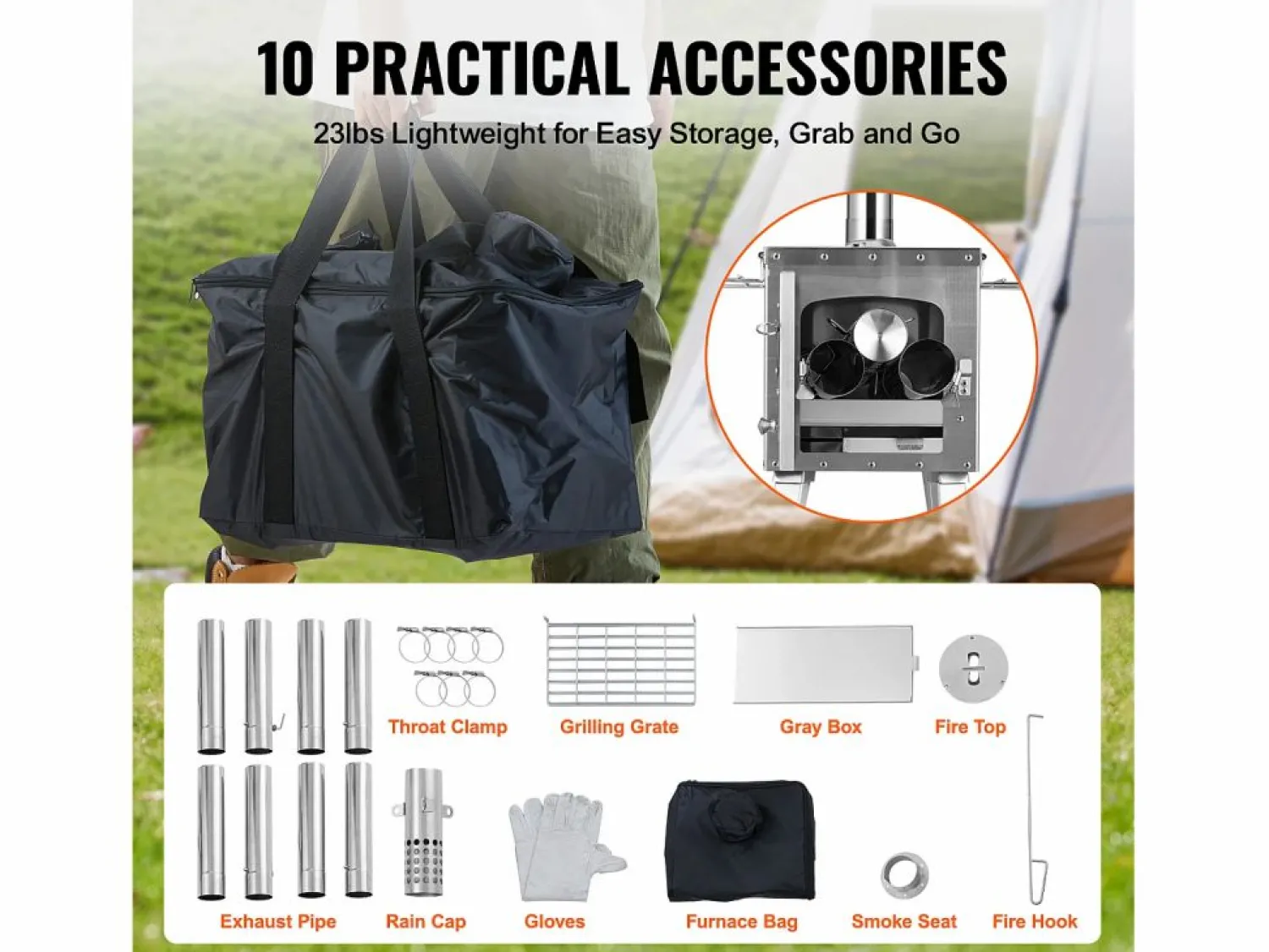 Discount Estufa de Leña Portátil SucceBuy para Acampada, Fabricada en Acero Inoxidable con Tubos de Chimenea Plateado