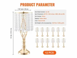 Florero SucceBuy - Juego de 12 Jarrones de Cristal de 49 cm, s, con Diseño Floral, para Bodas y Ceremonias, Metal/