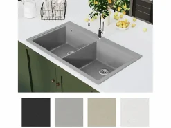 Sale Fregadero de cocina bajo encimera de granito blanco y con doble cubeta Fregadero
