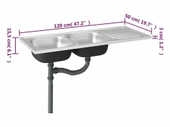 Fregadero de cocina de dos senos de 1200x500x155 mm de acero inoxidable