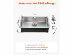 Sale Fregadero de Cocina SucceBuy Fregadero de Cocina de 70 cm, de un Seno y Bajo Encimera, de Acero Inoxidable Plateado