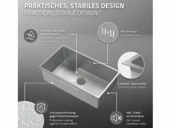Outlet Fregadero XXL de cocina un seno 70x40cm lavabo con desagüe y rebosadero Fregadero