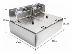 DripeX Freidora eléctrica 5000W, tanque doble 12L, 60 ºC a 200 ºC, freidora comercial en acero inoxidable, 55x43x28.5 cm