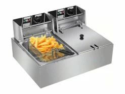 DripeX Freidora eléctrica 5000W, tanque doble 12L, 60 ºC a 200 ºC, freidora comercial en acero inoxidable, 55x43x28.5 cm