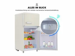 Frigorífico retro, frigorífico de doble puerta superior e inferior, volumen total de 72 litros, con volumen de congelador de 21 litros, 120 kWh/año, luz LED Blanco