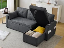 Fusio Primavera-Verano - Sofá Cama Angular 3 Plazas, Modular, Tela de Lino con Reposabrazos Portavasos - Ideal para Salón y Estancia