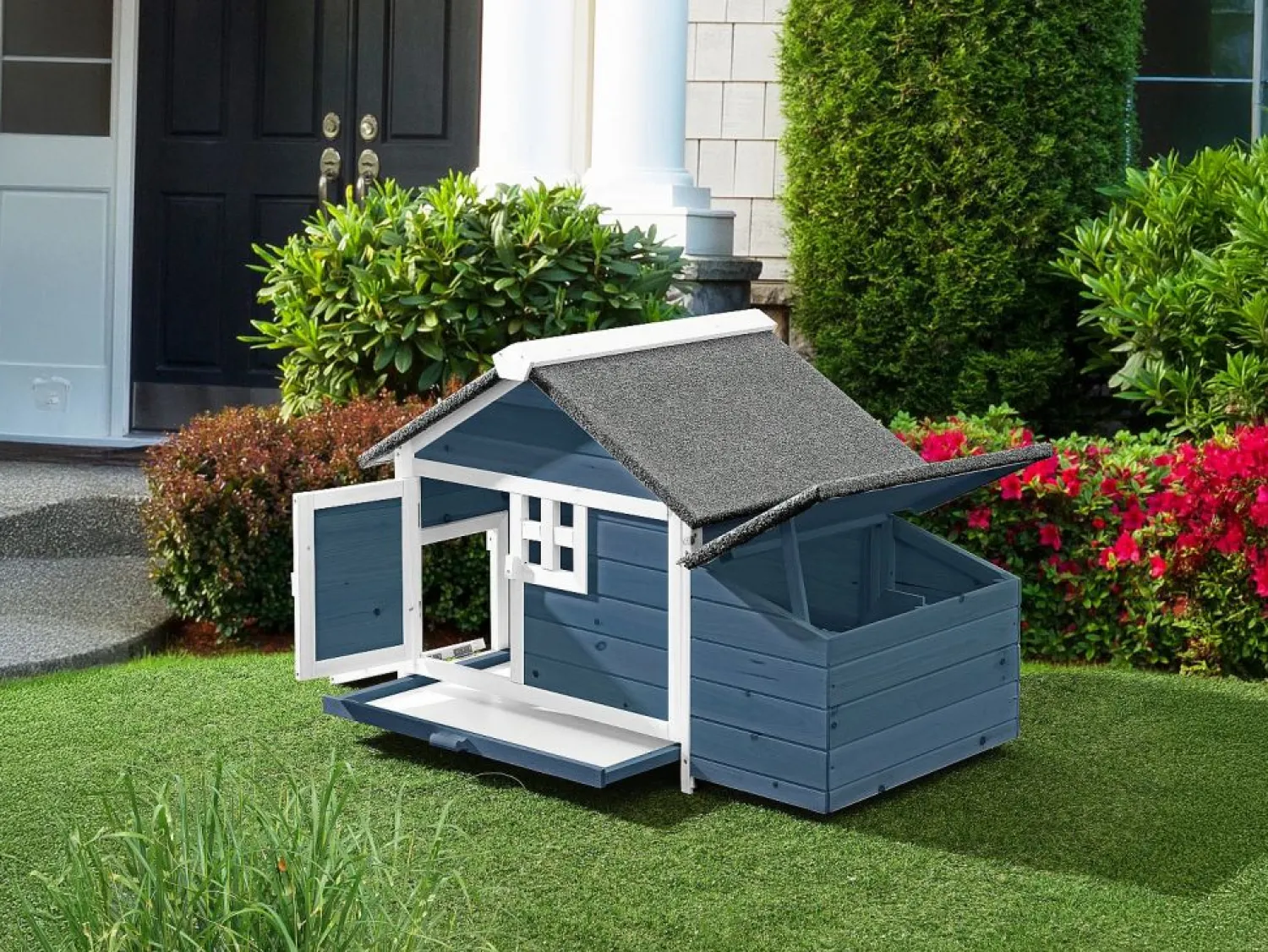 Vente-unique Gallinero de madera con ponedero - 2 gallinas - L. 106 x Prof. 64 x Alt. .71 cm - Azul y blanco - ANSER
