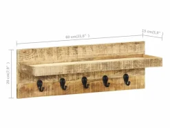 New Garden Furniture - Perchero de pared madera maciza de mango sin tratar 60x15x20 cm Marru00f3n