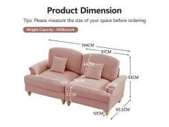 DripeX Gran Sofá 2 Plazas Chenille - Con Funda Extraíble y 2 Cojines - 194x83.5x93cm - Rosa