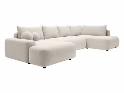 Vente-unique Gran sofá cama rinconera derecha panorámico en tela texturizada DAVISO