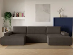 Vente-unique Gran sofá cama rinconera panorámico de pana marrón AMELIA
