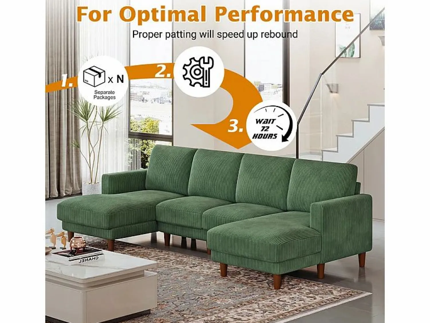 Outlet Gran sofá de esquina panorámico - 4 plazas - chaise longue 109cm - de pana - 269x140x86 - Sofá De Terciopelo|Sofá - 4 Plazas