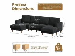 Sale DripeX Gran sofá de esquina panorámico - 4 plazas - chaise longue 109cm - de pana - 269x140x86 - Negro
