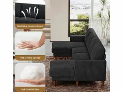 Sale DripeX Gran sofá de esquina panorámico - 4 plazas - chaise longue 109cm - de pana - 269x140x86 - Negro