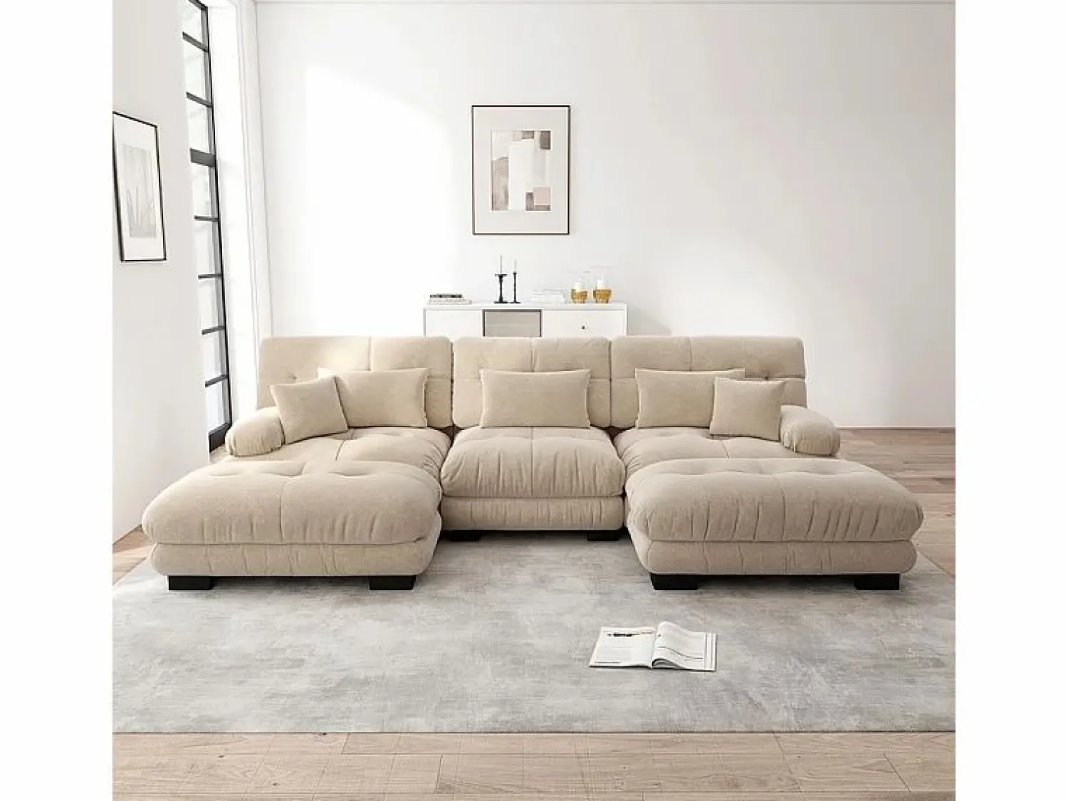 DripeX Gran sofá esquina modular - 3 plazas - con 2 pouf y 5 cojines - tejido felpa - 313x145x81cm
