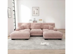 Online Gran sofá esquina modular - 3 plazas - con 2 pouf y 5 cojines - tejido felpa - 313x145x81cm Todos Los Sofás|Sofá Modular