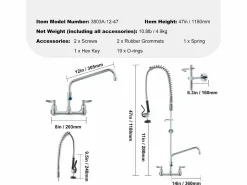 New Grifo de Cocina, SucceBuy Grifo de Fregadero de Cocina de Montaje en Pared con Rociador de Prelavado, 120 cm de Altura Plateado