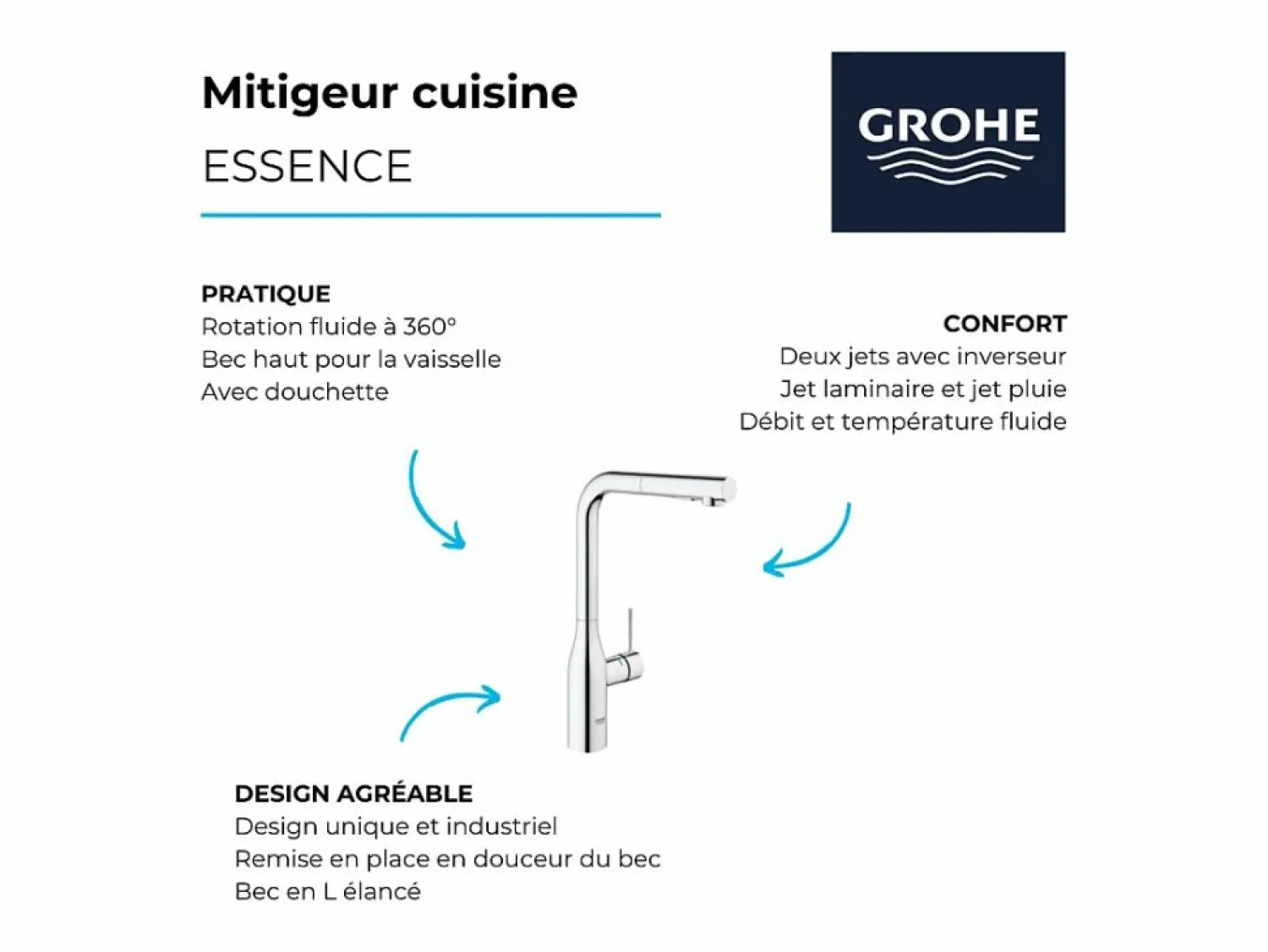 Hot GROHE Essence mezclador de cocina tamaño XL Caño alto cromado extraíble Gris claro