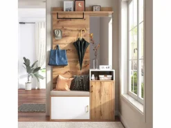 Hauss Spole Guardarropa blanco y madera con espejo, 2 puertas, banco y 4 colgadores 105x40x190,5cm