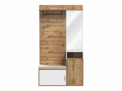 Hauss Spole Guardarropa blanco y madera con espejo, 2 puertas, banco y 4 colgadores 105x40x190,5cm