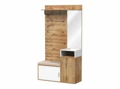 Hauss Spole Guardarropa blanco y madera con espejo, 2 puertas, banco y 4 colgadores 105x40x190,5cm